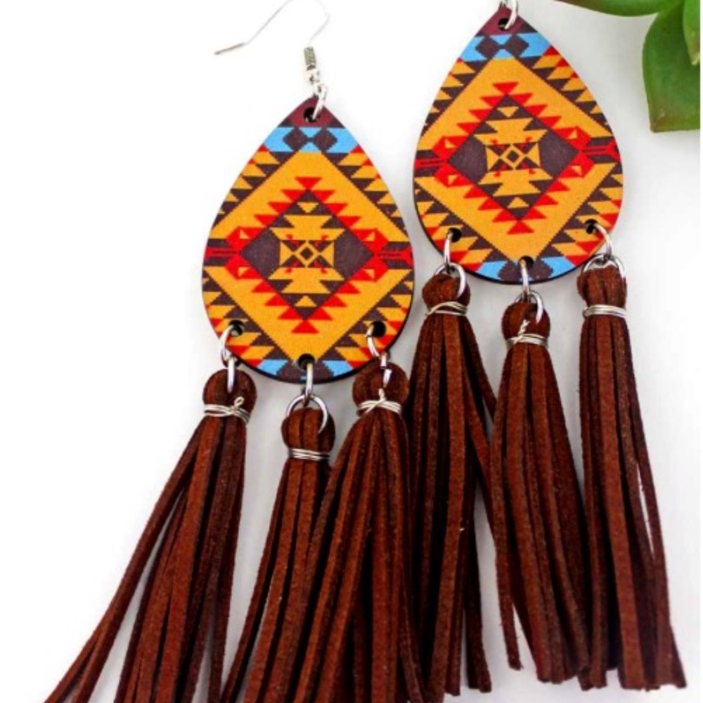 Tribal Sun River Aztec Teardrop Tassel Wood Fringe Earrings